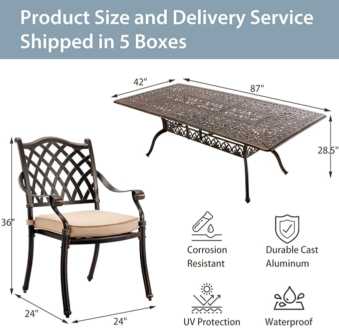 9-Piece Cast Aluminum Patio Furniture, Outdoor Dining Sets for 8 Include 87" Rectangular Patio Dining Table and 8 Stackable Chairs with Cushions & Umbrella Hole (Bronze)