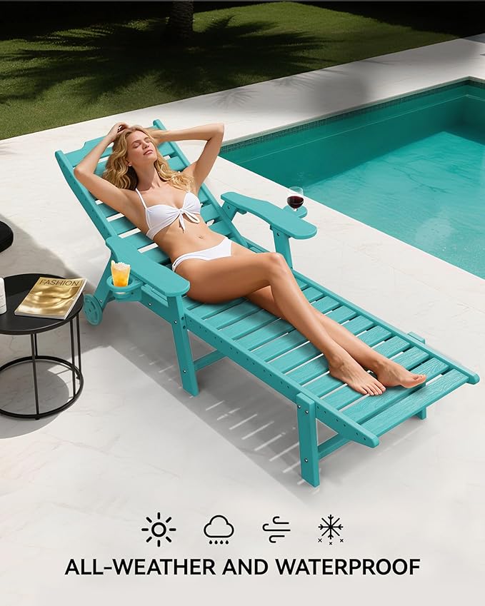 Carauci Lounge Chair Outdoor Set of 2, HDPE Chaise Lounge with Wheels, 5-Position Adjustable Backrest & 2 Cup Holders Patio Lounge Chair, All-Weather Pool Sun Lounger for Poolside, Backyard, Lake Blue