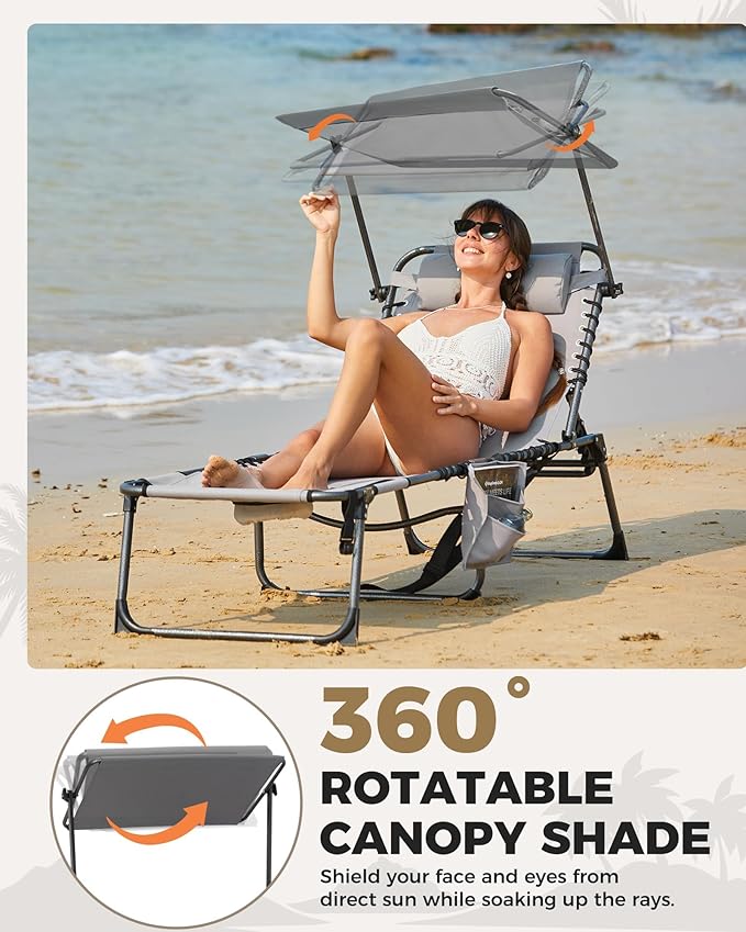 KingCamp 2 Pack Tanning Chair with Face Hole, Lounge Chairs Outdoor Folding Comfy Adjustable 5-Position Foldable Chaise Chaser with Canopy Shade for Outside Beach Patio, Grey