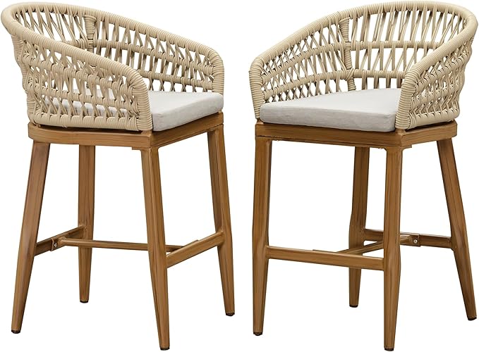 PURPLE LEAF Outdoor Rattan 24" Counter Height Bar Stools Chair Set of 2, Modern Upholstered Patio Bar Stool with Backrest for Indoor and Outdoor, Kitchen Island, Teak