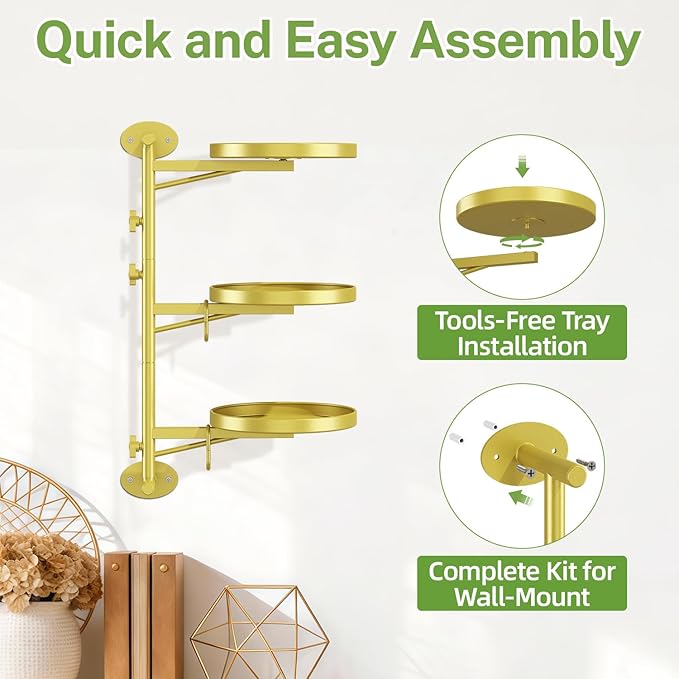 iDavosic.ly Rotating Window Plant Shelves, 3-Tier Metal Wall Stand with 2 Hooks, Flower Display Holder Rack for Living Room, Space Saving, Gold (Pots/Chains/Plants Not Included)