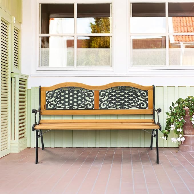 VINGLI Classic Cast Iron & Teak Arched Back Rectangular Outdoor Bench, 3-Seater, 470 lbs Capacity, Easy Assembly, Weather Resistant, 49.5" W x 20.5" D x 29" H