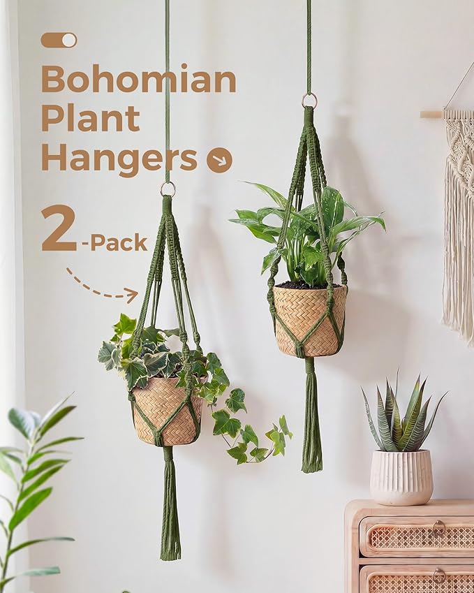 Bamworld Macrame Plant Hanger Indoor Hanging Planter for Plants Hanging Plant Basket Macrame Wall Hanging Planters Boho Decor Home Room Decor Aesthetic 36 Inches Natural Green, Set of 2