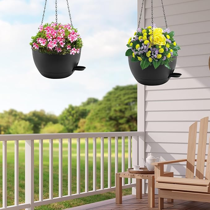 12 inch Hanging Planters for Indoor Plants, 2 Pack Self-Watering Hanging Planter Pots with Chain and Drainage Holes, Outdoor Plastic Hanging Baskets for Garden Home Decor (Black, 2pcs/12inch)