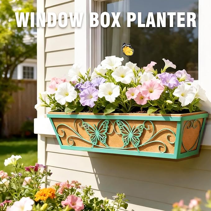 4 Pack 24 Inch Window Boxes Planter Railing Planters Box with Adjustable Brackets for Porch Deck Balcony Hanging Butterfly Decorative Flower Baskets & Non-Woven Fabric Liner for Outdoor Plants - Green