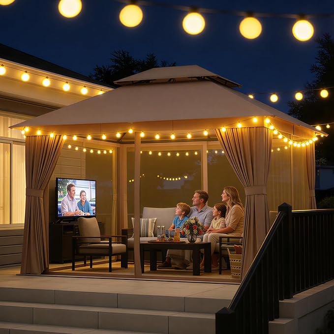 Aoxun Outdoor Gazebo for Patio 10x12 Metal Frame Canopy with Double Roofs Heavy Duty Party Tent and Shelter with Mosquito Netting and Privacy Screen for Backyard, Lawn, Garden, Deck (Khaki)
