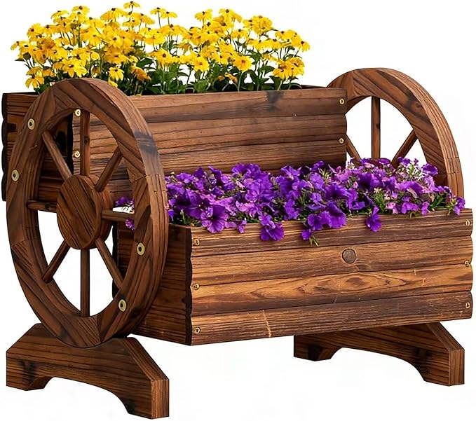 Wooden Wagon Planter Flower Cart with Wheels Garden Box Garden Planter, Decorative Planter for Flowers Herbs Vegetables for Indoor & Outdoor Décor Flower Cart for Patio Garden Balcony (Carbonized)
