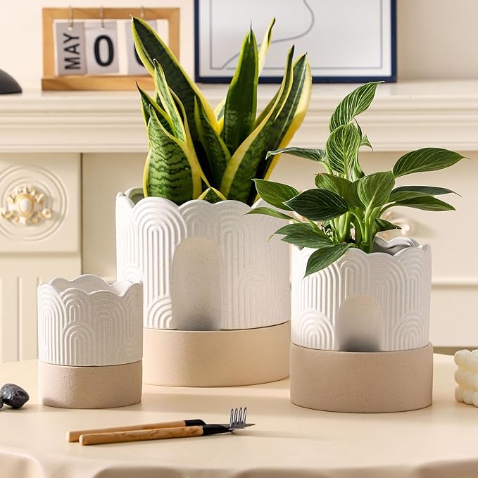 Nihow Self Watering Plant Pot for Indoor Plants: 4.5+6 Inch Ceramic Planter with Drainage Hole & Water Storage Plus - Cylinder Flower Pot with Wick for Herbs -Beige & Nature