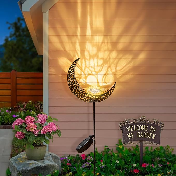 2Pack Moon Garden Gifts Solar Lights Outdoor Stakes Waterproof, Gifts for Mom, Crackle Glass Backyard Decor Balcony Lawn Ornaments, for Women Men Grandma (Bronze)