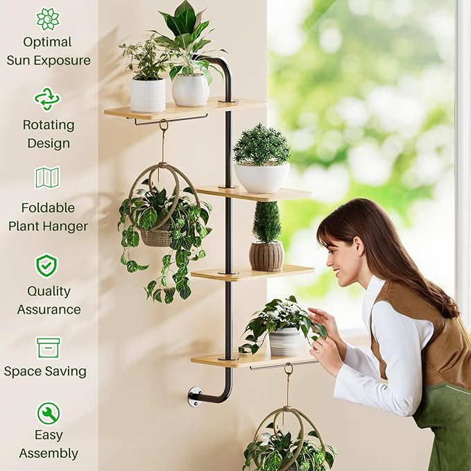 YUOROS Window Shelf for Plants, 4-Tier Rotating Window Sill Plant Shelves Stand Plant Wall Holder with Hanger