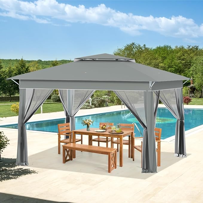 ECOTOUGE 11FT Pop Up Gazebo, Canopy Tent with Mosquito Netting,Instant Shelte Gazebo w/Carrying Roller Bag Waterproof and UV Resistant Canopy Tent for Grill, Garden and Backyard(Dark Grey)