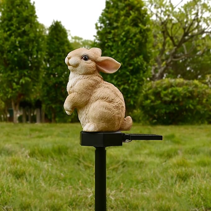 Bunny Garden Ornaments Rabbit Solar Decor Outdoor Statue Lawn Yard Decorations Outside Animal Stake Waterproof Patio Cute Brown Hare Figurines Gifts Idea