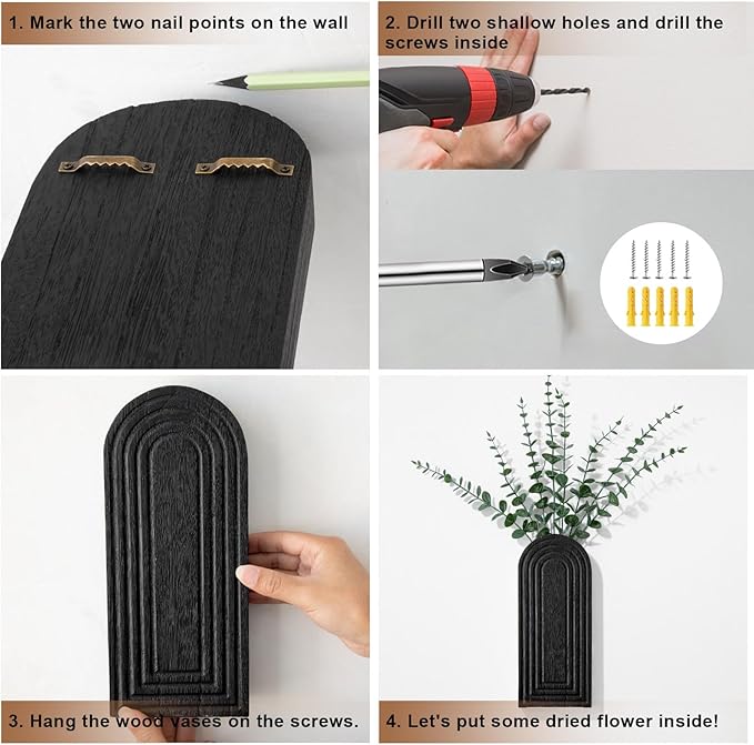Wooden Wall Art Decor: Wall Vases for Indoor Artificial Plants & Flowers, Wood Wall Hanging Planters for Home Decor - Bathroom, Living Room, Bedroom, Patio (Black)