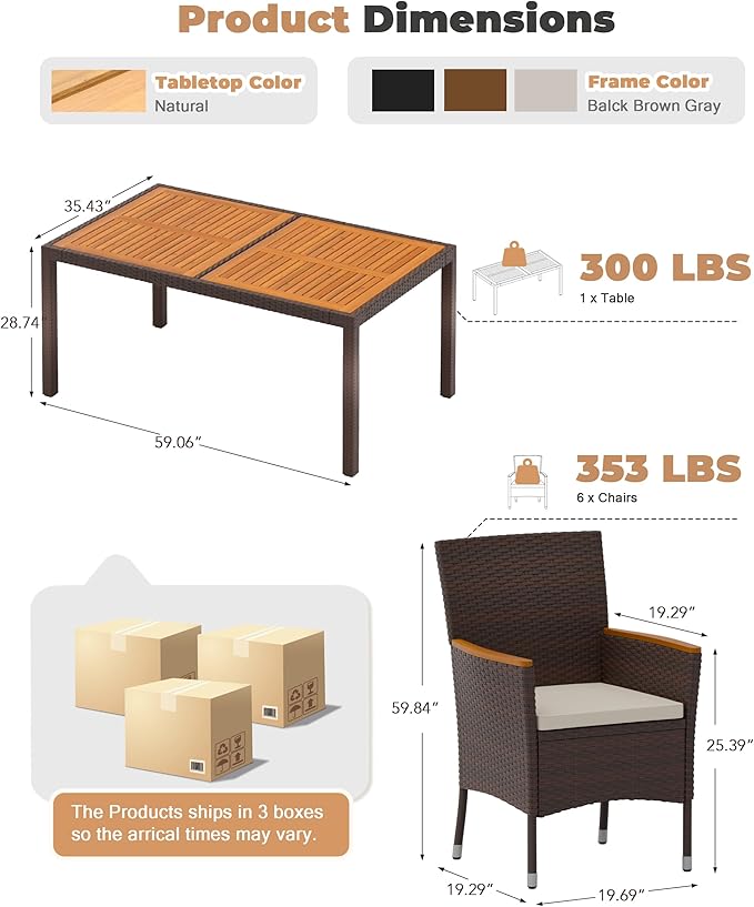 Flamaker 7 Piece Patio Dining Set Outdoor Acacia Wood Table and Chairs with Soft Cushions Wicker Patio Furniture for Deck, Backyard, Garden (Brown)