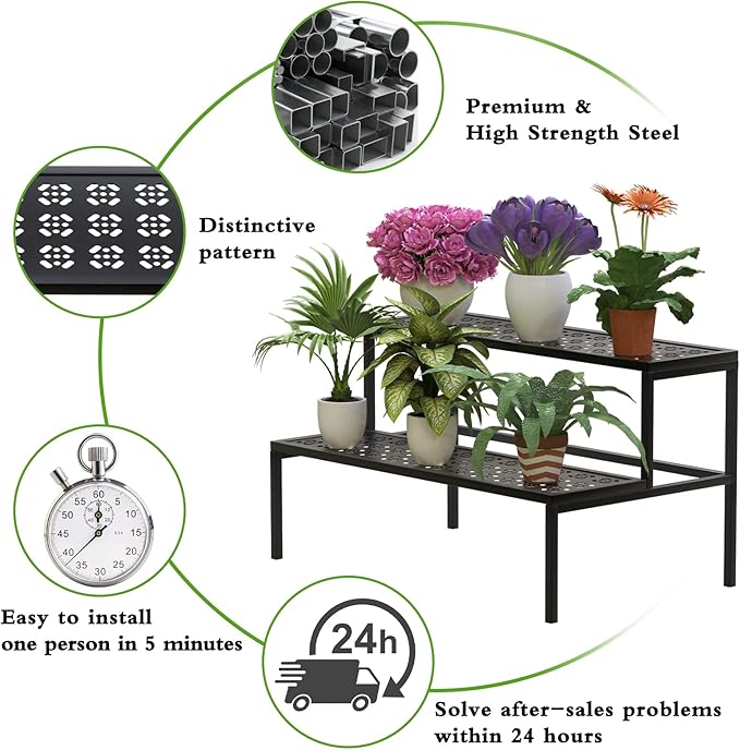 Metal Plant Stand Metal 2 Tier Potted Multiple Flower Pot Holder Plant Shelf Indoor Plants Multiple,Outdoor Heavy Duty Planter Display Shelving Unit for Patio Garden Corner Balcony Living Room(Black)