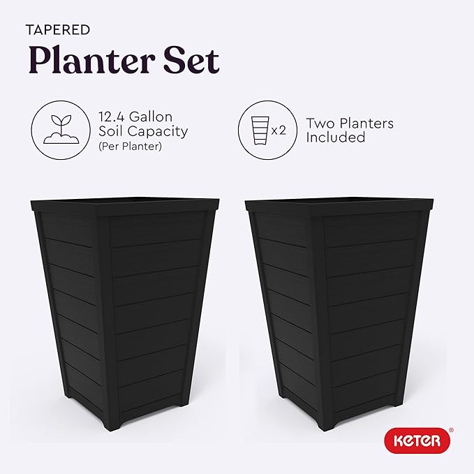 Keter Set of 2 Modern 22‑Inch Tall Outdoor Flower Pots – Large Resin Tapered Planters for Outdoor Plants, Front Porch & Patio Decor, Wood‑Look Design, Graphite