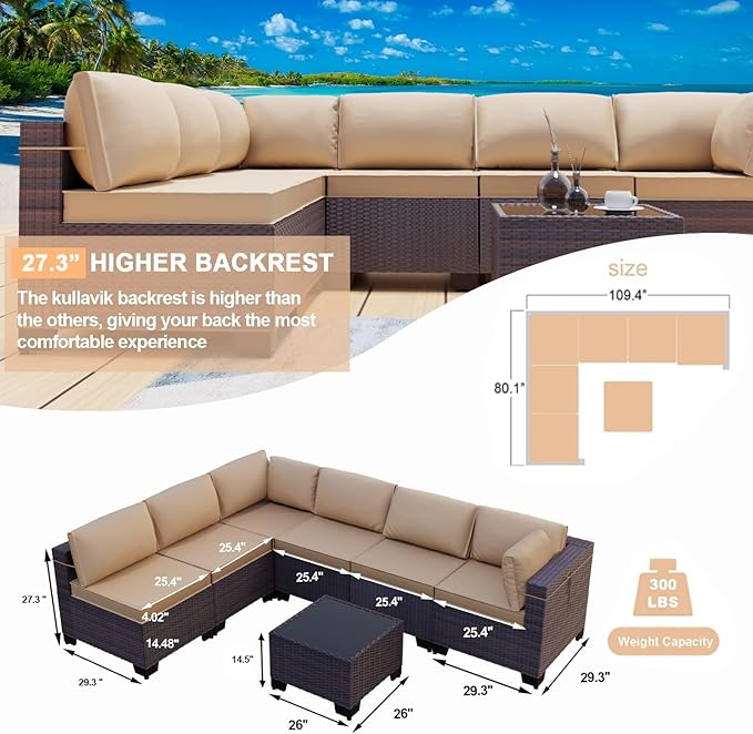 Kullavik 7 Pieces Outdoor Patio Furniture Set PE Wicker Rattan Sectional Sofa Patio Conversation Sets,Sand