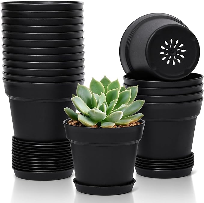 T4U 4 Inch Plant Pots 18-Pack, Small Flower Pots with Saucer and Drainage Hole, Durable Plastic Pots, Nursery Small Flower Pot Bulk for Plants, Succulent, Violet, Decorative (18 Pack 4" Pot, Black)