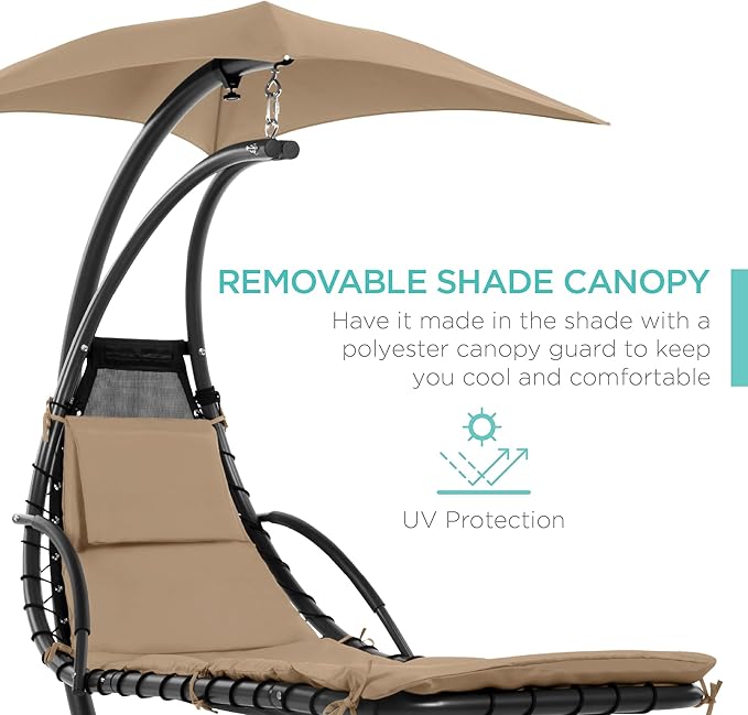 Best Choice Products Outdoor Hanging Curved Steel Chaise Lounge Chair Swing w/Built-in Pillow and Removable Canopy - Tan
