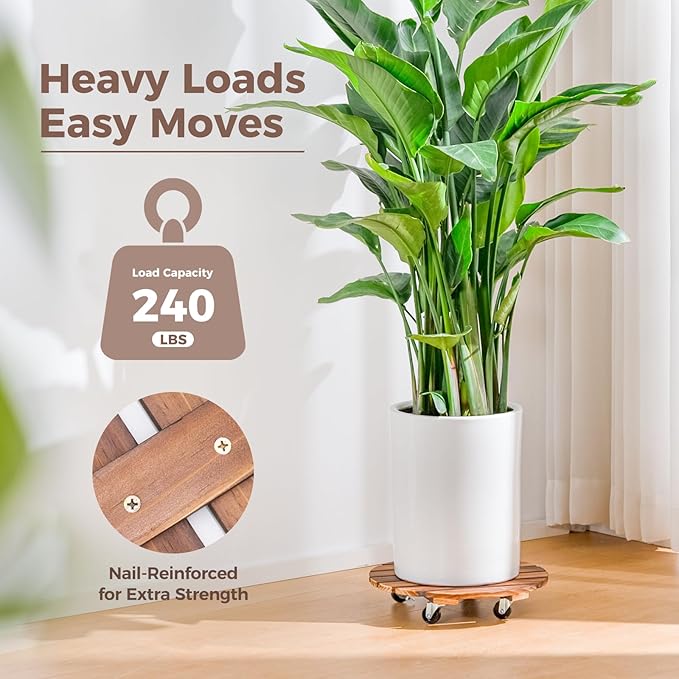 Bamworld Plant Stand with Wheels Plant Caddy Outdoor 4 Pack 12in Rolling Planter Caddy with Swiveling and Lockable Caster for Indoor Patio Plant Dolly Wood Wheeled Mobile Roller