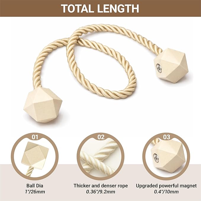 Hion Magnetic Curtain Tiebacks Beige 6 Pack, Curtain Tiebacks Buckles Holdbacks Holders Hooks Clip for Home Bedroom Office Decorative Thick or Thin Curtain