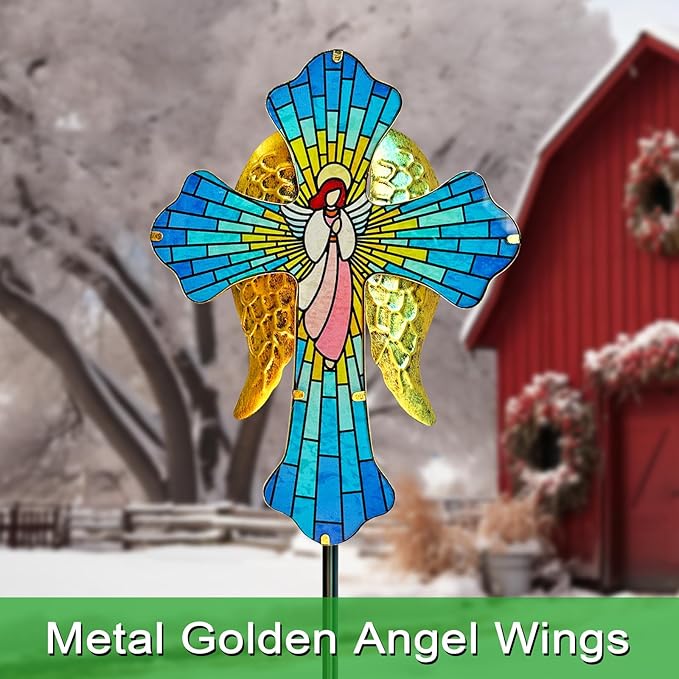 Solar Cross Garden Stake Lights for Outdoor Garden,Cemetery,and Yard Decor,Angel Wings Cross Solar Christmas Lights Outdoor,Memorial Gifts Angel