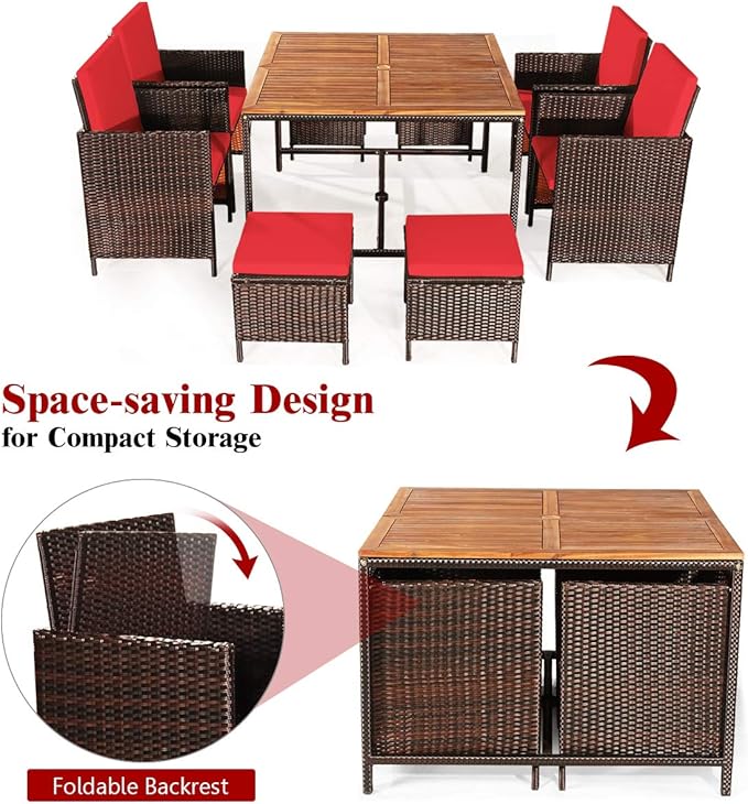 Tangkula 9 Pieces Acacia Wood Patio Dining Set, Space Saving Wicker Chairs and Wood Table with Umbrella Hole Outdoor Furniture Set, Suitable for Garden, Yard, Poolside, Outdoor Seating Set