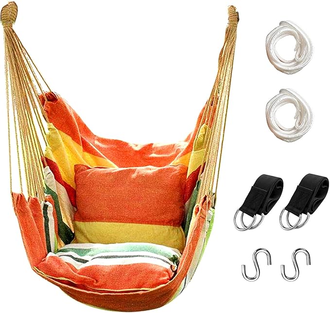 Hommtina Hammock Chair Hanging Rope Swing, Max 300 Lbs Hanging Chair with Pocket & Durability Perfect for Outdoor, Home, Bedroom, Patio, Yard (Pillows NOT Included,Orange)