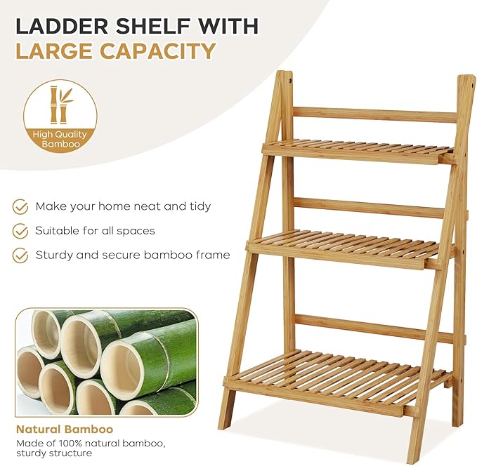 39.4" Foldable Plant Shelf Ladder Shelf, 3 Tier Bamboo Ladder Flower Pot Display Shelf, Freestanding Ladder Bookshelf for Garden, Balcony, Yard, Living Room, 23.6"W x 15"D x 39.4"H, Natural