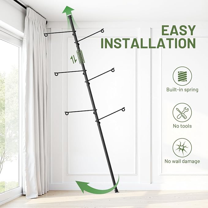 Tension Rod Plant Stand, Plant Poles for Hanging Plants Indoor, Metal Floor to Ceiling Hanging Plants Stand, Tension Pole Plant Stand with 6 Hooks (Fit 3.6-10ft)