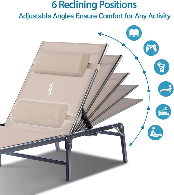 Foldable Chaise Lounge Chair with Cup Holder, Assemble-Free Outdoor Lounge Chair with Detachable Pillow and 6 Adjustable Backrest, Patio Lounge Chair for Outside Poolside Beach Pool, Khaki