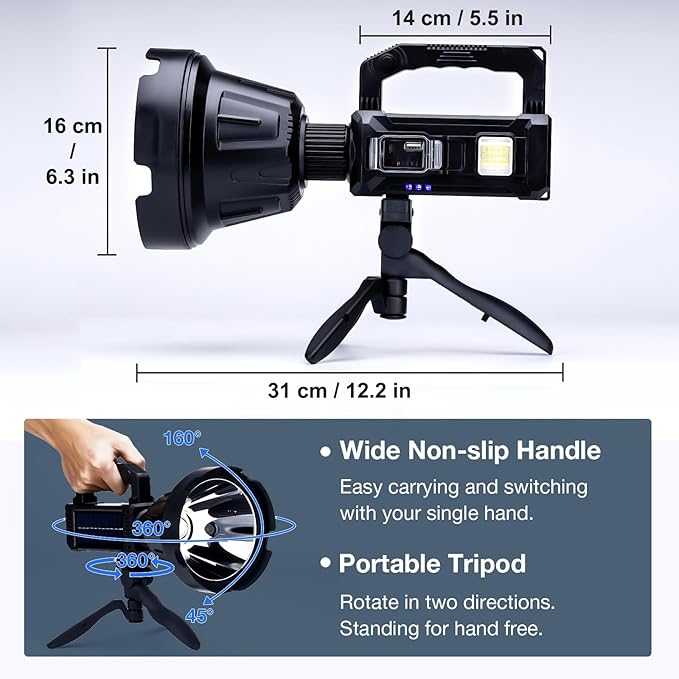 Solar Rechargeable Spotlight 3,000,000L High Lumens, Super Bright Led Spot Lights Outdoor Handheld Long Range Flashlight with 6 Modes, 3 Colored Filters, Tripod, USB C for Fishing Boating
