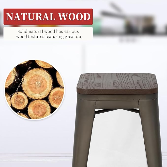 FDW Metal Bar Stools Set of 4 Counter Height Bar Stools 24 Inches Industrial Bar Chairs Patio Stool Stackable Backless Stool Indoor Outdoor Metal Kitchen Stools Bar Chairs (Bronze with Wood, 24")