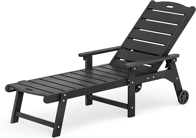LUE BONA Outdoor Chaise Lounge, HDPS Chaise Lounger, 5 Positions Adjustable Lounge Chairs, Pool Lounge Chair with Wheels for Poolside, Backyard, Black