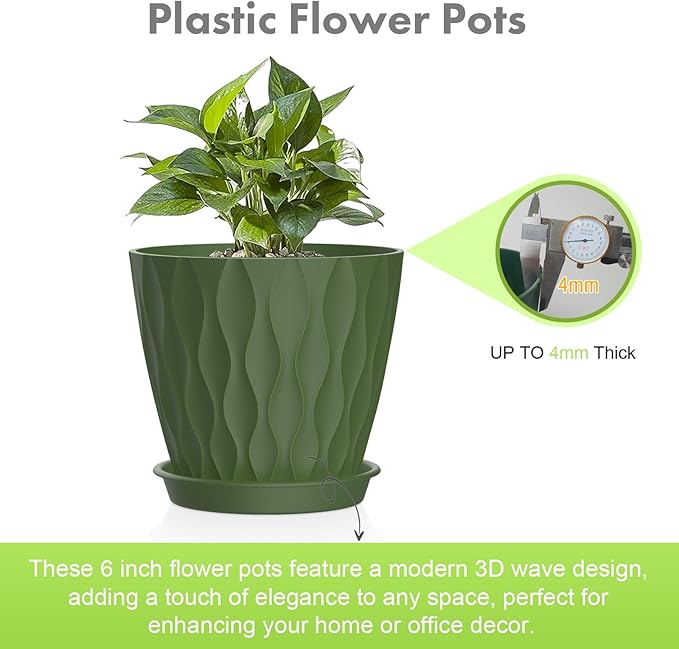 6 inch Plant Pots, 5Pack Water Ripple Flower Pots for Indoor Outdoor Plants, Plastic Planters with Drainage Holes and Saucers, Nursery Pots for Small Succulent Garden House Plants, Multicolor