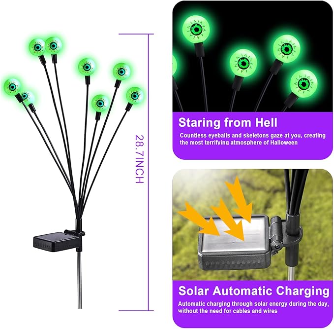 ASMAD Scary Solar Eyeball Lights, Waterproof Swaying Firefly Path Lights for Outdoor/Halloween Decorations/Garden/Yard/Patio/Party Decor, Green Eyeball, 4 Pack, 32 LEDs