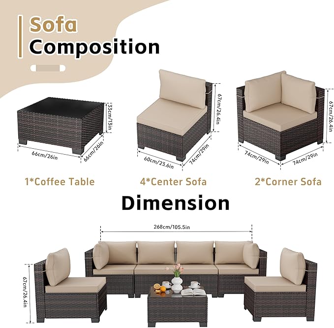 LEVELEVE 7 Pieces Outdoor Patio Furniture Sets,Rattan Conversation Sectional Set,Manual Weaving Wicker Patio Sofa with Tea Table