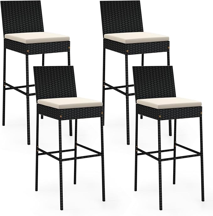 HAPPYGRILL Wicker Patio Barstools Set of 4, Outdoor Rattan Bar Chairs with Footrest & Backrest, Armless High Top Chairs with Seat Cushions for Backyard, Balcony