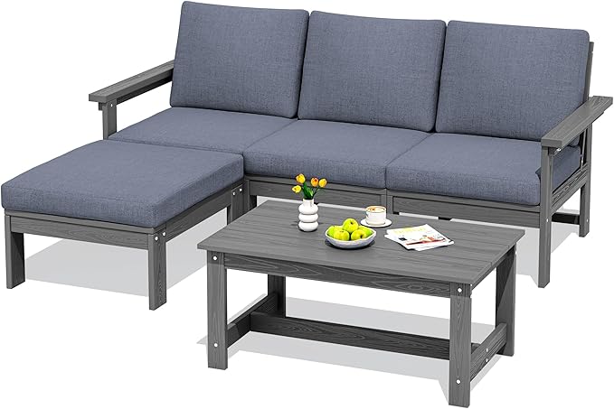 SERWALL Outdoor Sectional Sofa Set, 5-piece Outdoor Modula Couch Set with Ottoman, All Weather Patio Furniture Set with Chaise for Deck, Lawn, Gray Frame with Gray Cushion