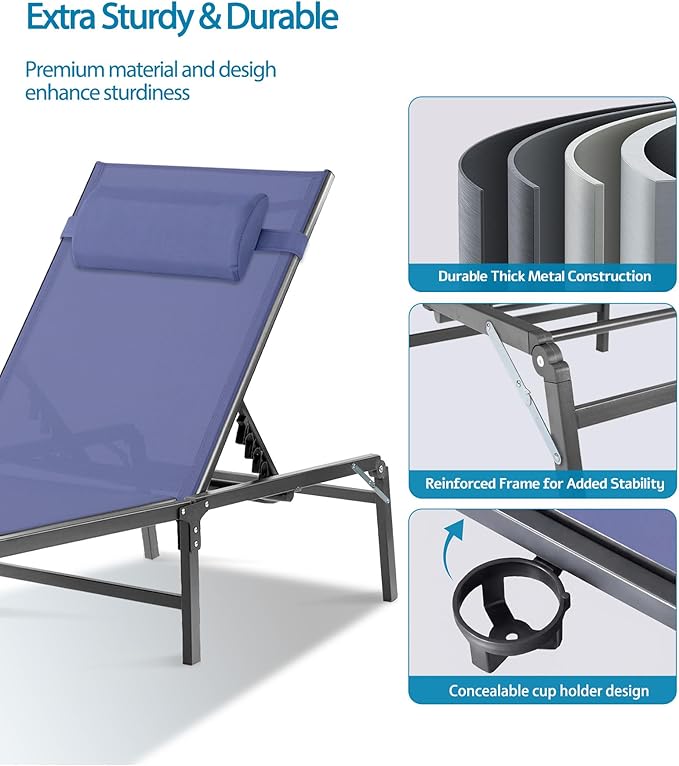 4 Pack Foldable Chaise Lounge Chair with Cup Holder, Assemble-Free Outdoor Lounge Chair with Detachable Pillow and 6 Adjustable Backrest, Patio Lounge Chair for Outside Poolside Beach Pool, Blue