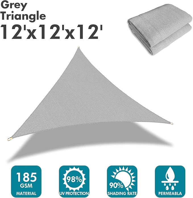 KANAGAWA Sun Shade Sail 12'x12'x17' Gray Triangle UV Block Canopy Awning Shelter Fabric Cloth Screen for Outdoor Patio Garden Backyard