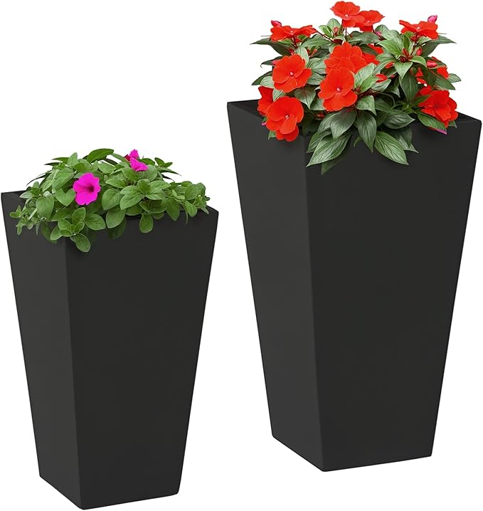 Outsunny 2-Pack Outdoor Planter Set, Flower Pots with Drainage Holes, Durable & Stackable Plant Pot, 22in & 18in, for Porch, Entryway, Patio, Yard, Garden, Black
