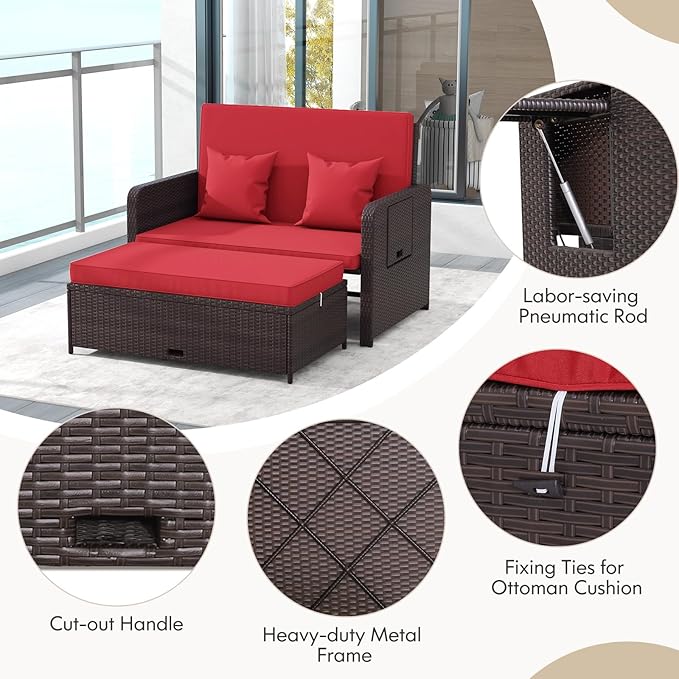 Nightcore Wicker Patio Outdoor Daybed, Outdoor Chaise Lounger w/ 4-Level Adjustable Backrest, Retractable Side Trays, Storage Ottoman, Comfortable & Removable Cushions, Rattan Loveseat (Red)