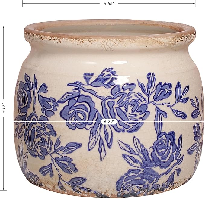 Chinoiserie Ceramic Plant Pot for Garden Decor, 6.29in Rustic Farmhouse Planter with Drainage Hole for House Plants, Blue and White Vase for Centerpiece, Kitchen & Office Decoration, Plant Lover Gifts