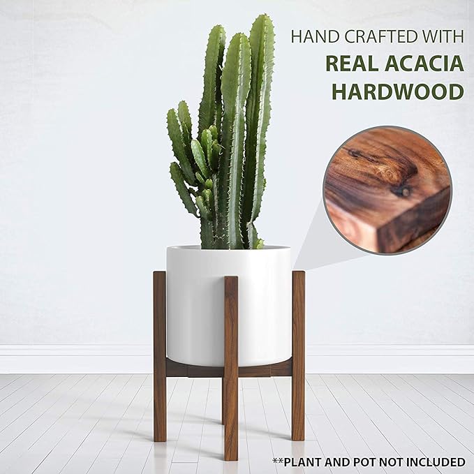Mid Century Plant Stand - Solid Wood Item Stand Handmade with Acacia - Fits Medium & Large Pots Sizes 8 to 12 inches (Not Included) (Adjustable Width: 8-12 inches, Dark Brown)