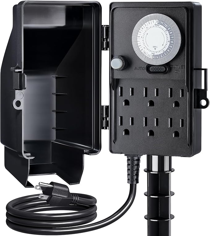 SURAIELEC Outdoor Power Stake, 24-Hour Mechanical Light Timer, Electrical Power Strip Weatherproof, 6FT Extension Cord Multiple Outlets Plug for Patio Lights, Halloween Decorations. Outdoor Light