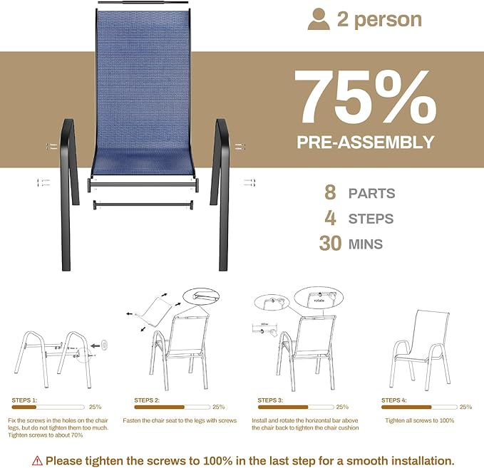 TLSUNNY Patio Chairs, Stackable Textilene Outdoor Dining Furniture for All Weather, with 17.7″ Wide Seat & Metal Frame, for Garden, Backyard, Deck, Restaurant, Poolside (6, Navy Blue, 26.4″)