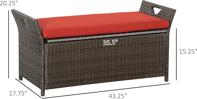 Outsunny 29 Gallon Patio Wicker Storage Bench, Outdoor PE Rattan Patio Furniture, 2-in-1 Large Capacity Rectangle Garden Storage Box with Handles and Cushion, Red