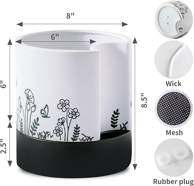 Nihow Self Watering Plant Pot: 8 Inch Ceramic Planter with Drainage Hole & Water Storage Plus for Indoor & Outdoor Plants - Cylinder Round Flower Pot for Succulent/Herbs/Violets - White