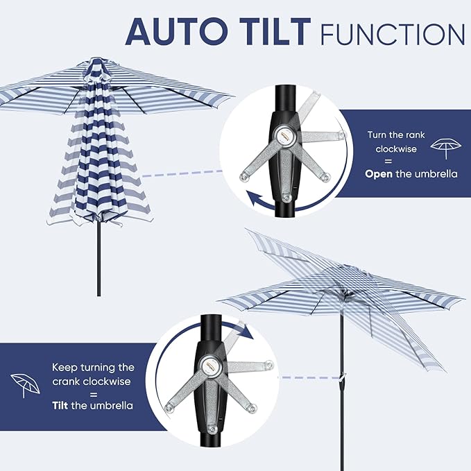 Tempera Patio Market Outdoor Table Umbrella with Auto Tilt and Crank, Large Sun Umbrella with Sturdy Pole & Fade Resistant Canopy, Easy to Set